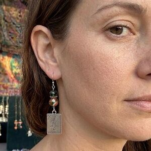 Artisan Green & Orange Dichroic Glass Beaded, The Hanged Man Tarot Card Earrings